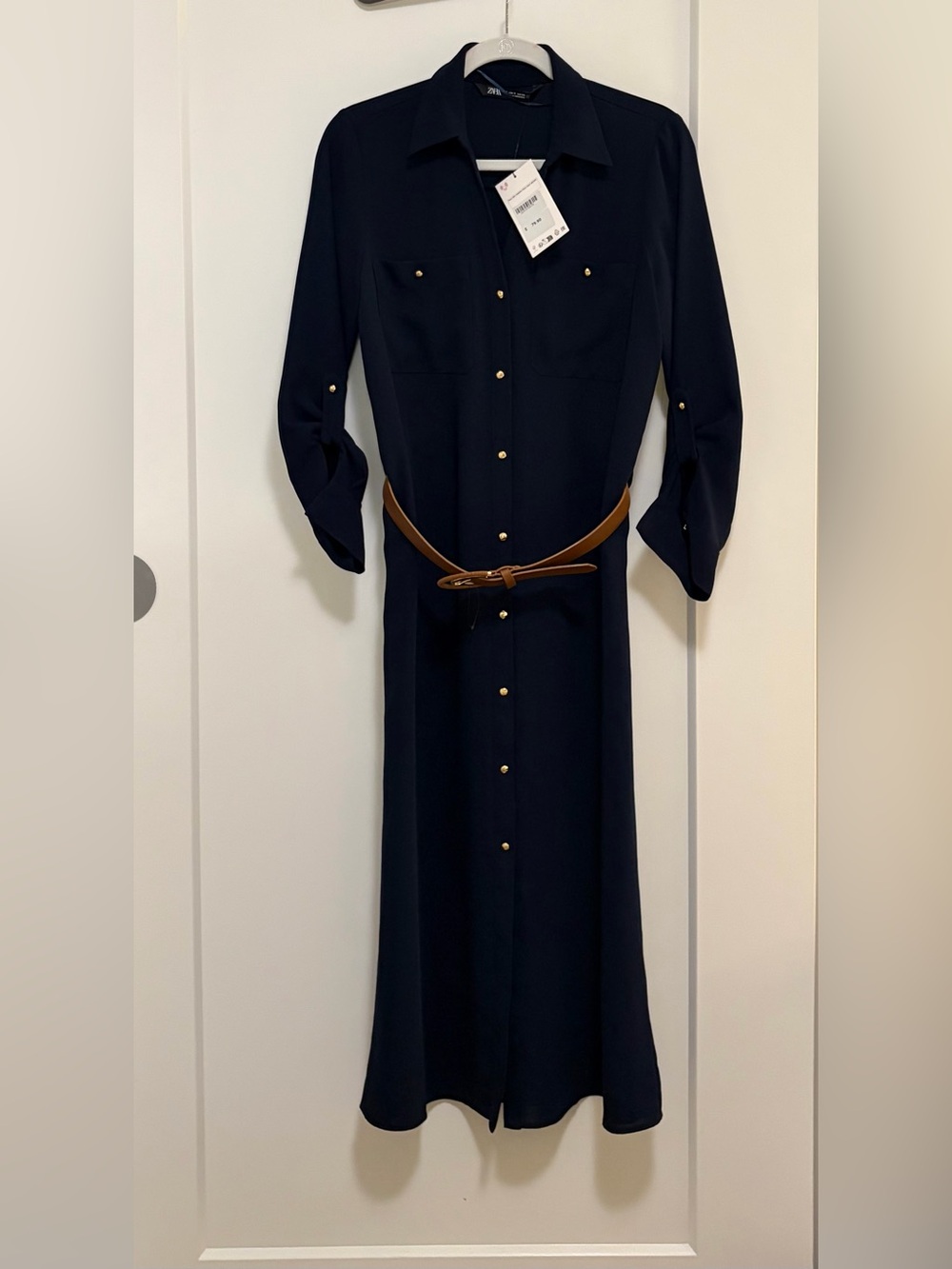 NWT Zara Navy Shirt Dress with Brown Belt